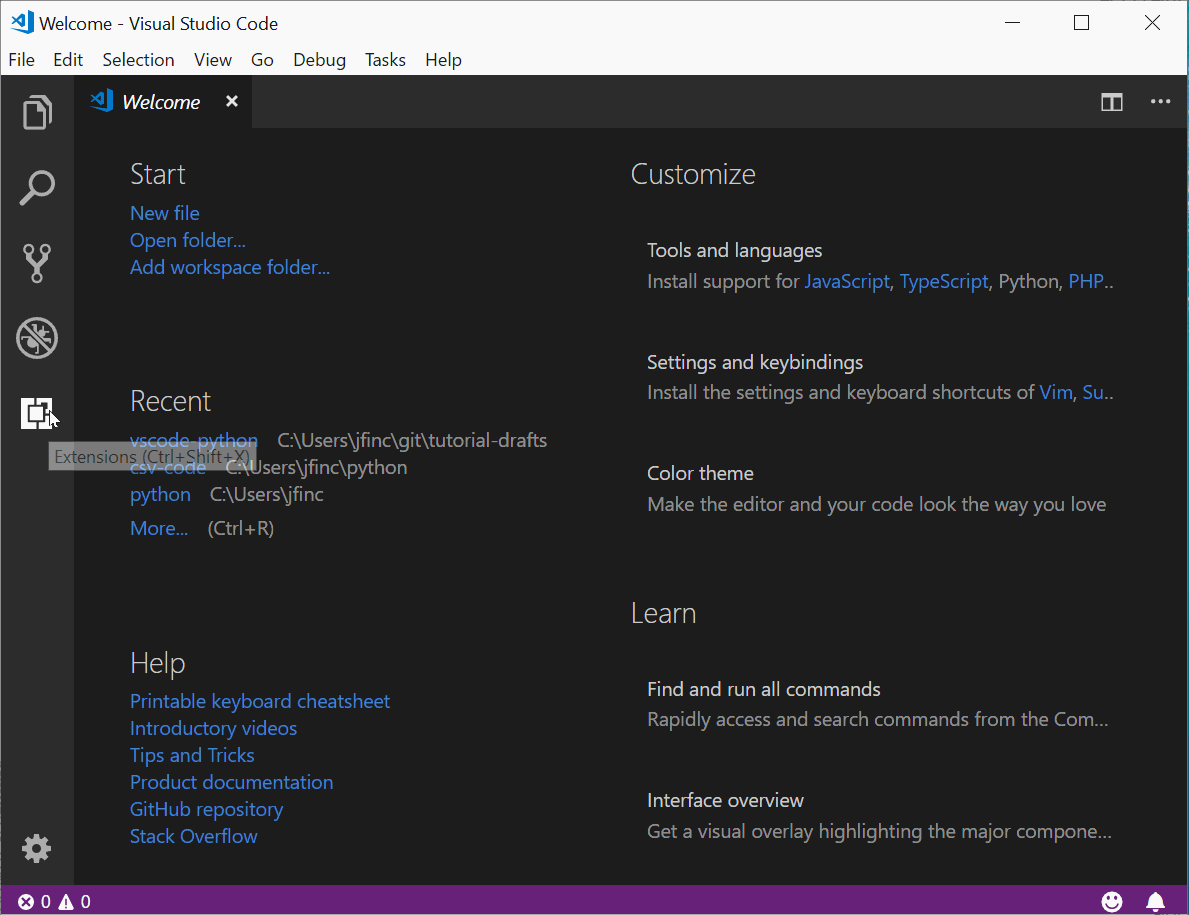 Finding the VSCode Marketplace in the UI