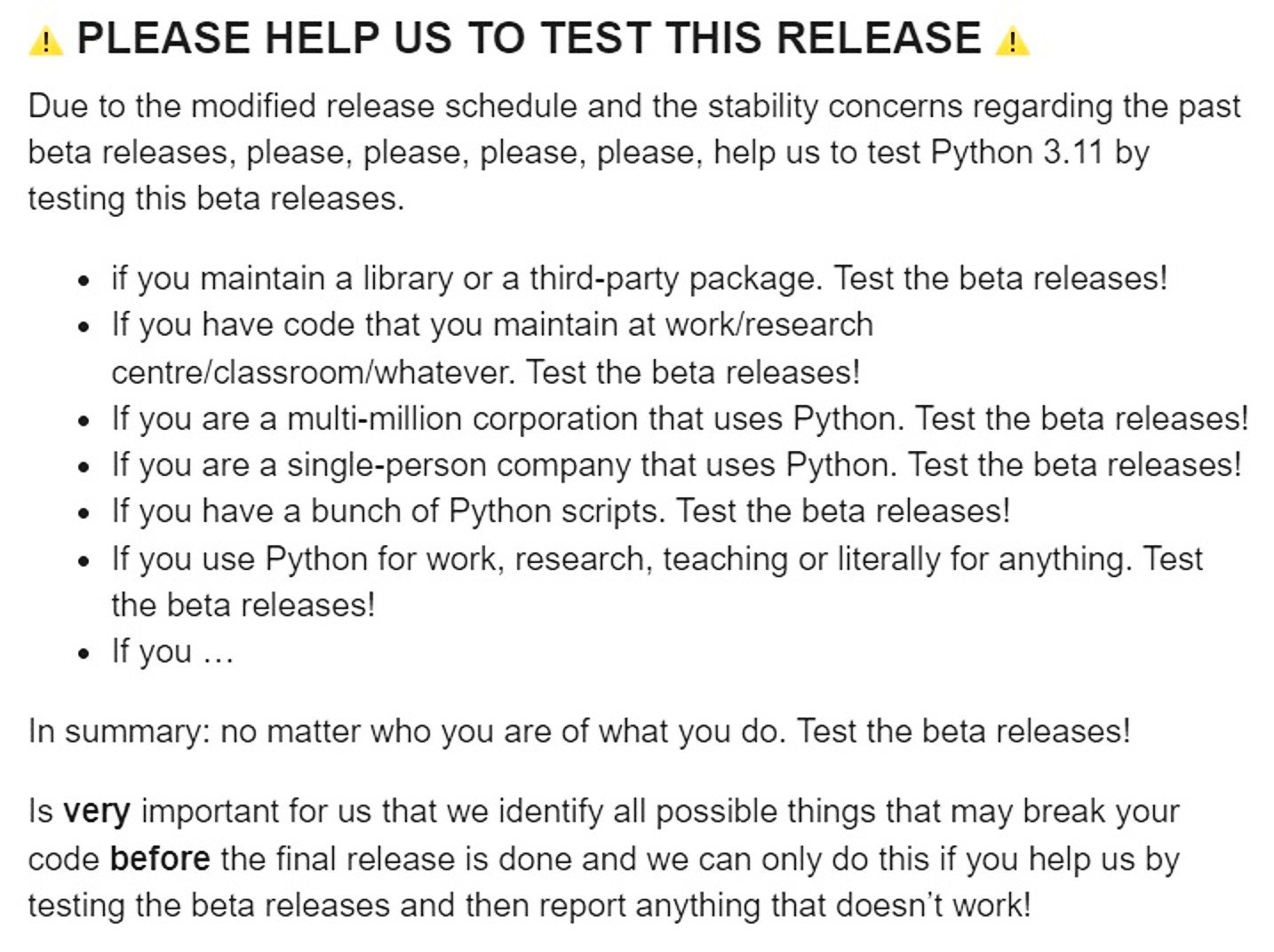 Screenshot Urging Users to Test Beta Releases of Python 3.11