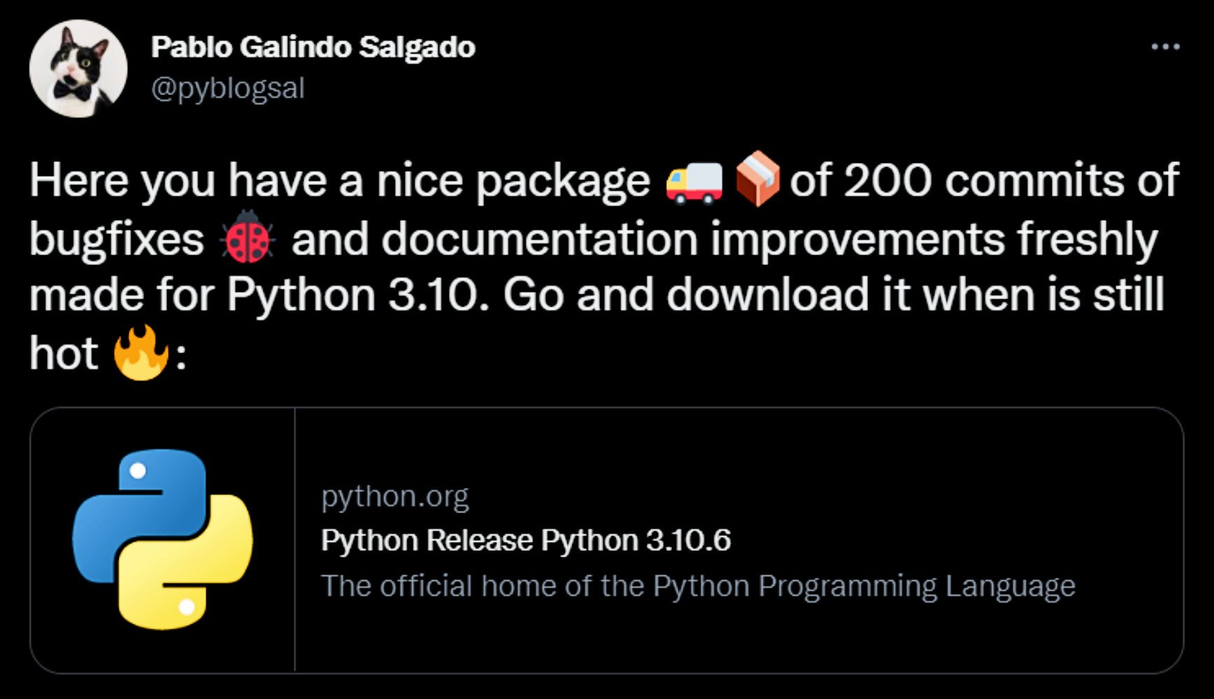 Tweet by @pyblogsal about release of Python 3.10.6