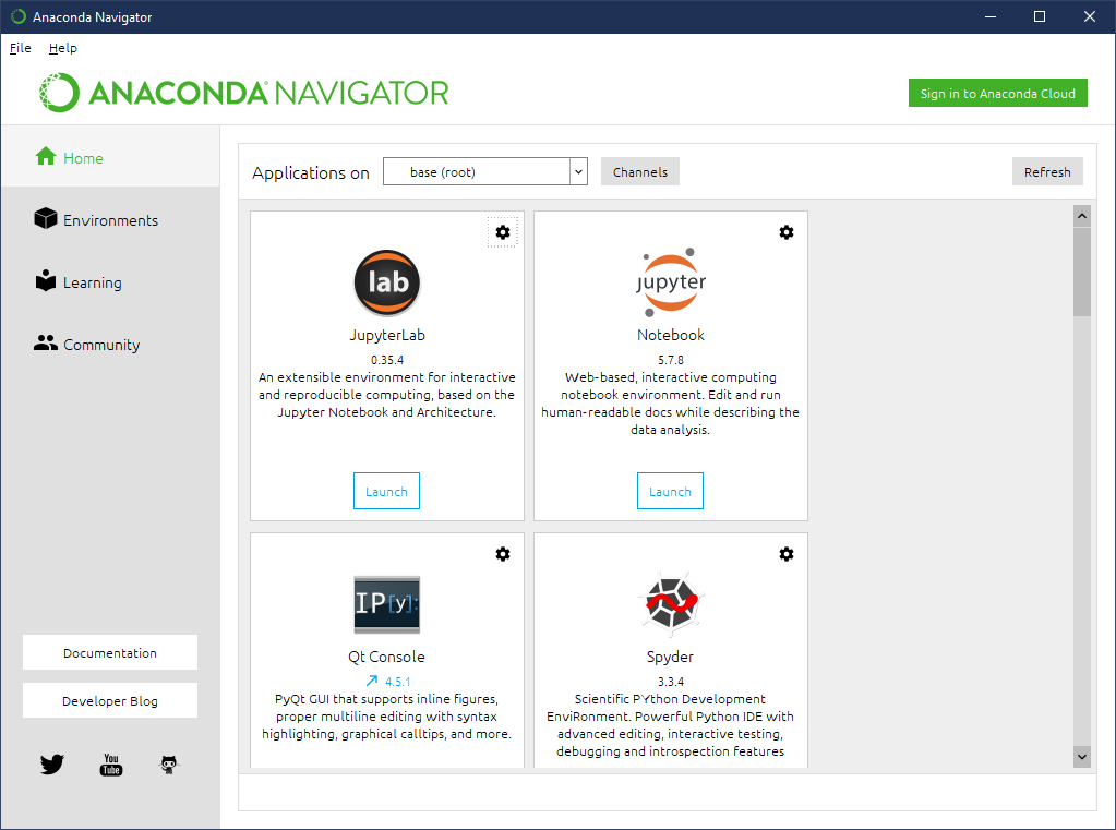Main Anaconda Navigator window showing installed applications