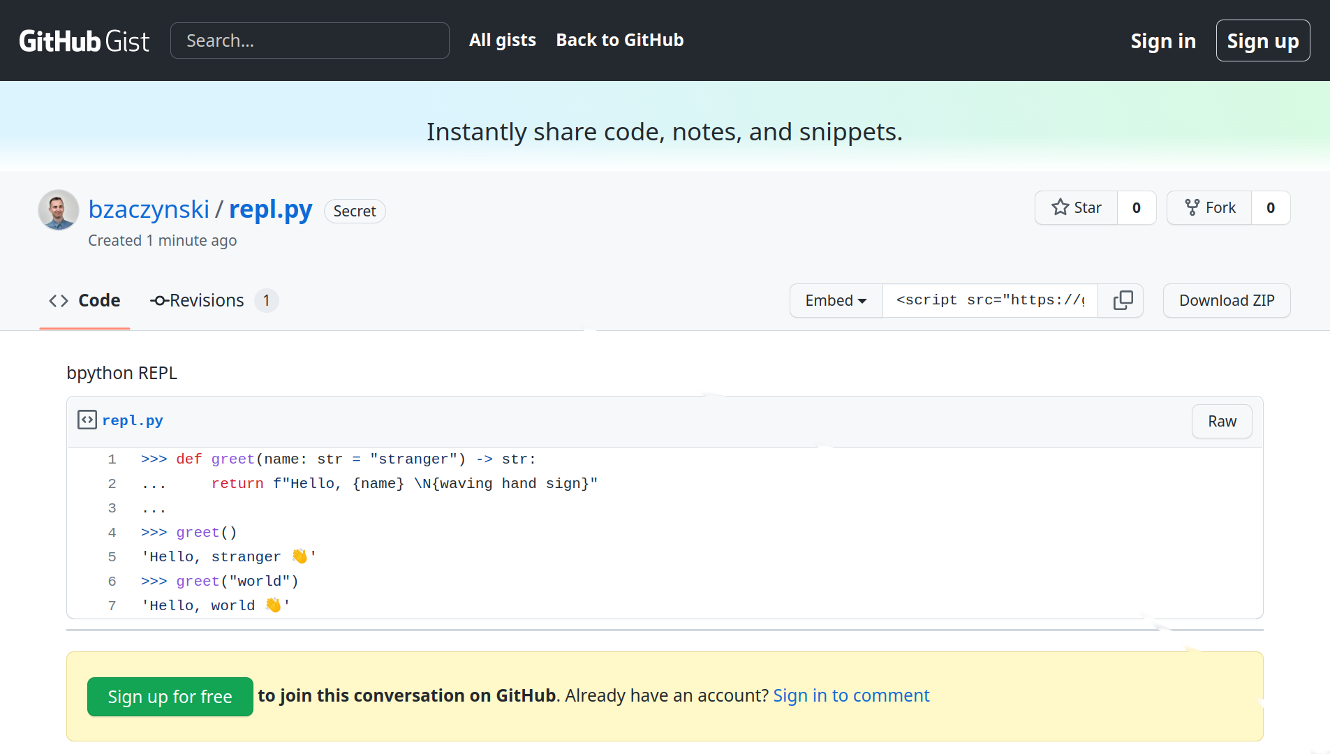 A REPL Session Shared Online Through a GitHub Gist