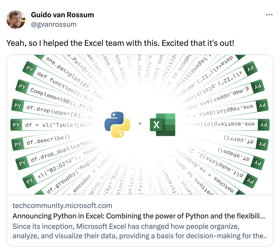 Guido Twitter's Post About Python in Excel