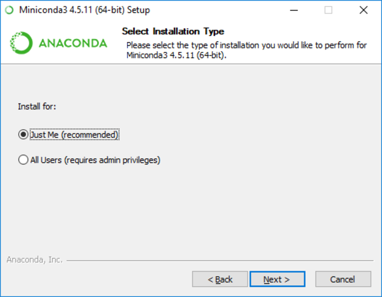 iniconda Installer Installation Type