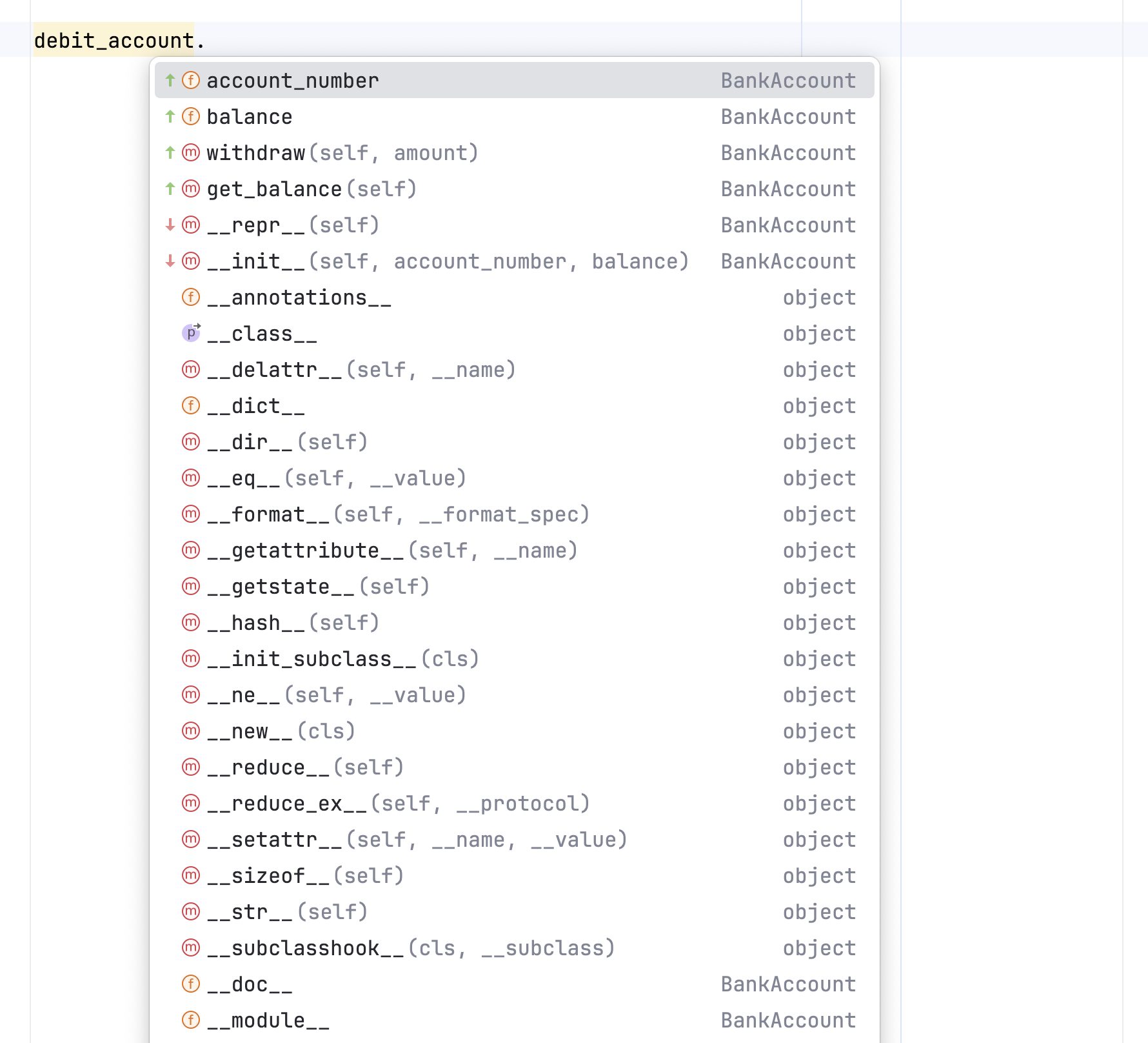 PyCharm screenshot showing that attributes with leading underscores are not shown for autocompletion