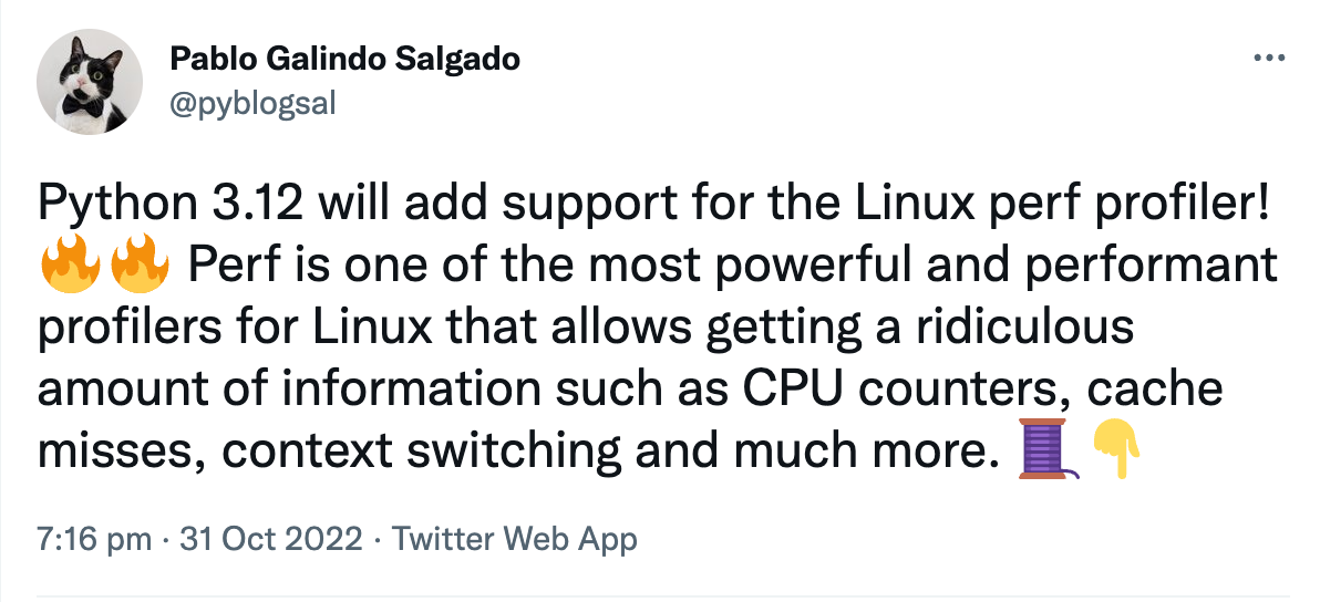 Screenshot of Tweet announcing the Python 3.12 Linux perf profiler