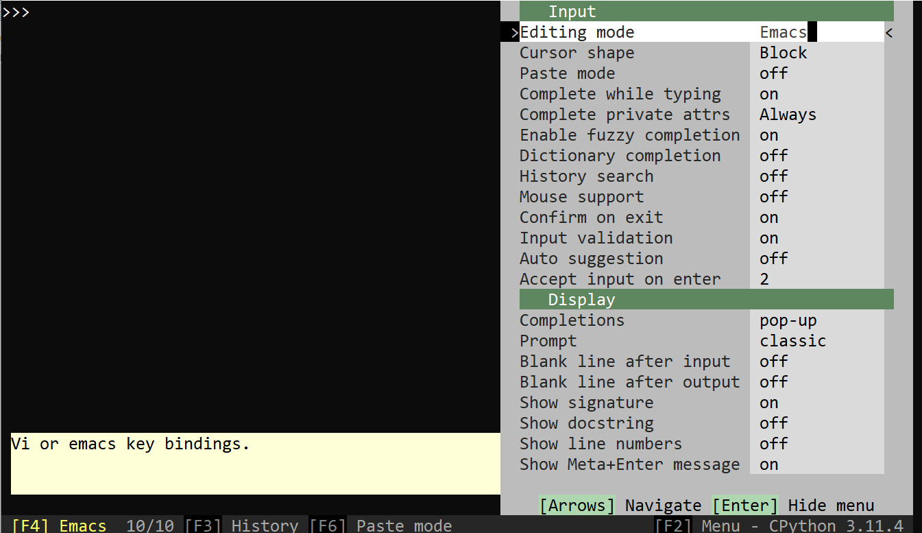ptpython's Menu